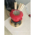 Red Enamel Cast Iron Fondue Pot with Forks